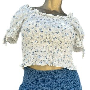 1. STATE Smocked Puff Sleeve Top in Blue Floral eyelet ruffle trim Soft Ecru, S